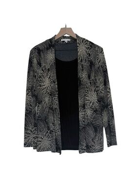 JM Collection Twinset Travel Knit Jacket Black Shell Metallic Floral Large